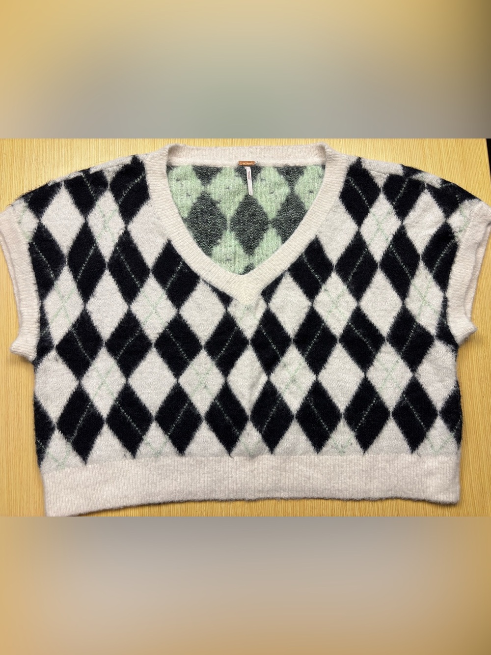 Free People Through The Motions Argyle Sweater Vest Cropped V-Neck Onyx Combo L